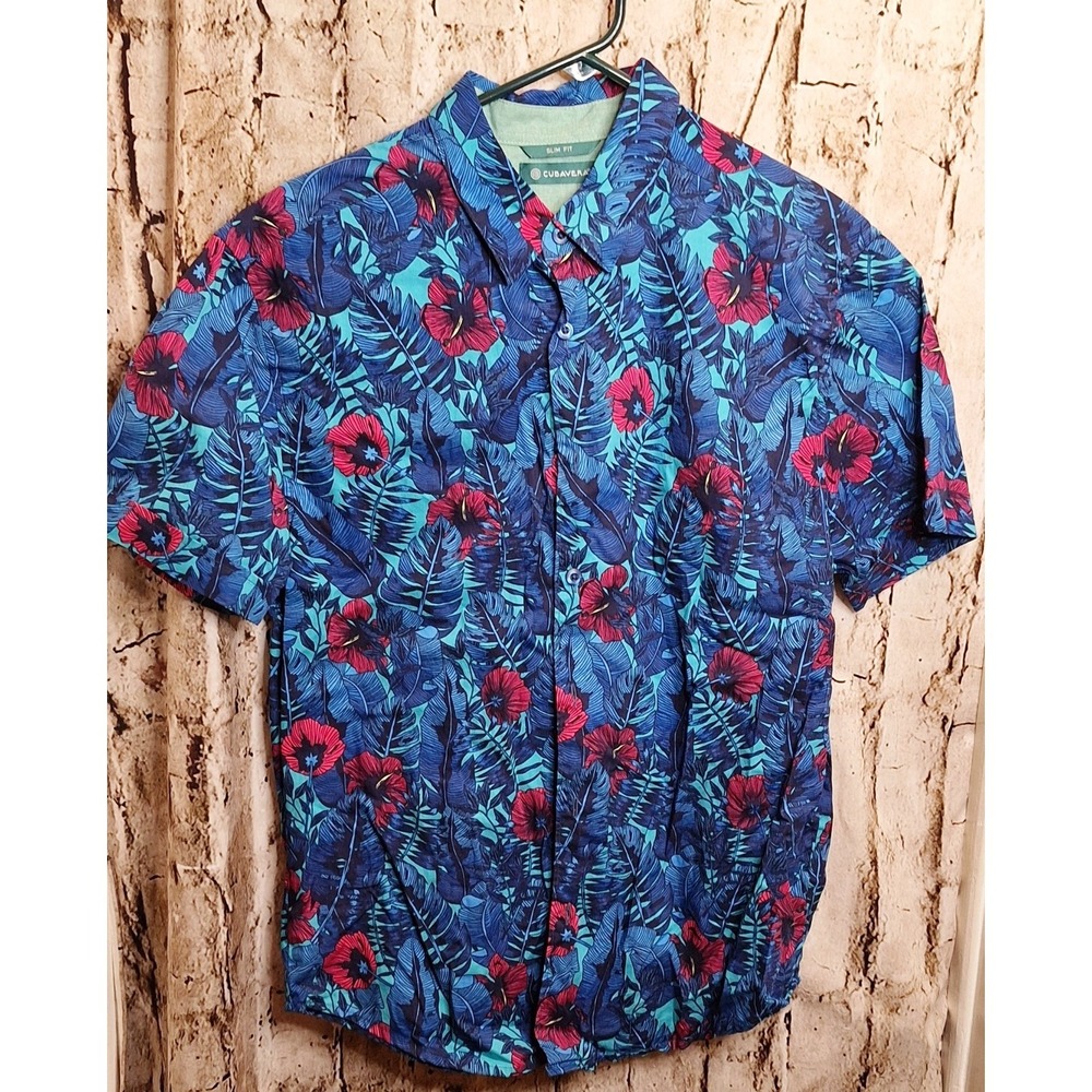 Cubavera Men's Large Blue‎ Floral Slim Fit Button up short sleeve Shirt